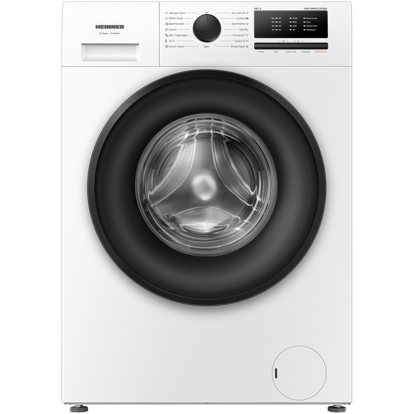 Fotografie Masina de spalat rufe slim Heinner HWM-HMN6010IVSMA, 6 kg, 1000 RPM, Clasa A, Motor inverter, 15 programe, Program rapid 15 min, Program allergy steam, Program baby steam care, Functie adaugare rufe, Blocare acces copii, Alb
