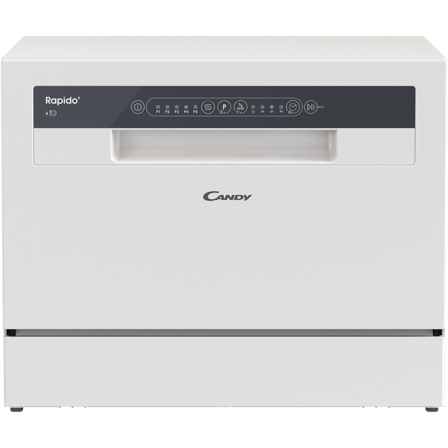 Fotografie Masina de spalat vase compacta Candy Rapido CP 6E51LW, 6 seturi, 5 programe, Clasa E, Pornire intarziata, Program scurt 35', 55 cm, Alb