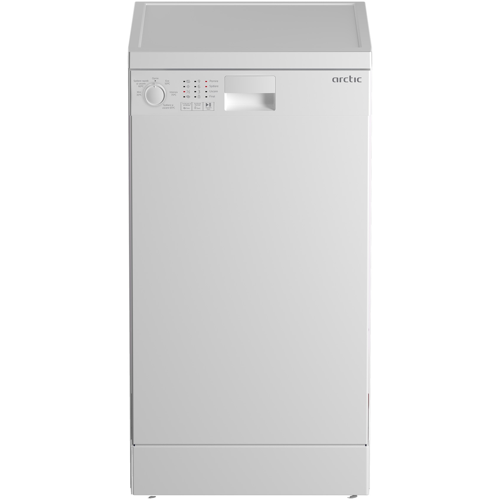 Fotografie Masina de spalat vase Slim Arctic DFS0502, 10 seturi, 5 programe, Sistem dedurizare apa, Aqua Protect, Amanare pornire, Clasa E, 45 cm, Alb