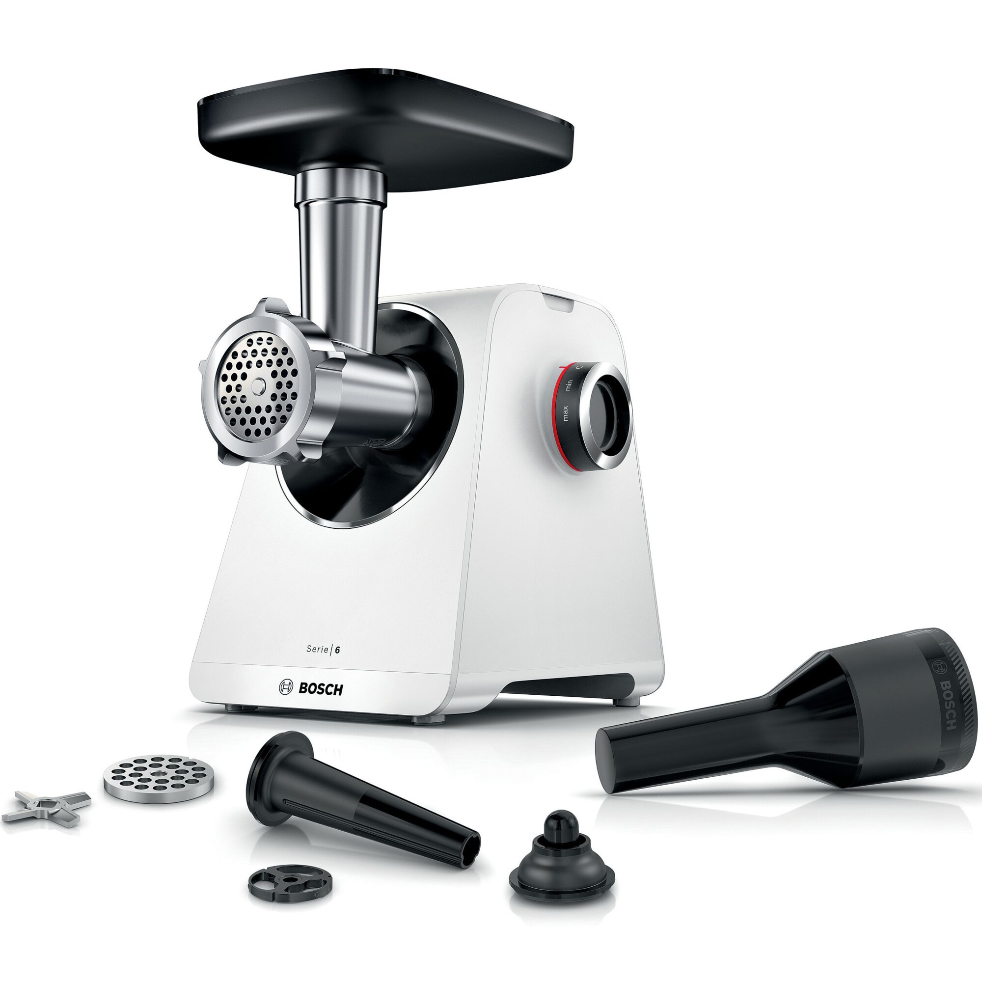 Fotografie Masina de tocat Bosch MFWS607W, 2100W, 3.5kg/ min, 2 site, palnie carnati, accesoriu pt kebbe, cutit cu 2 taisuri, Alb