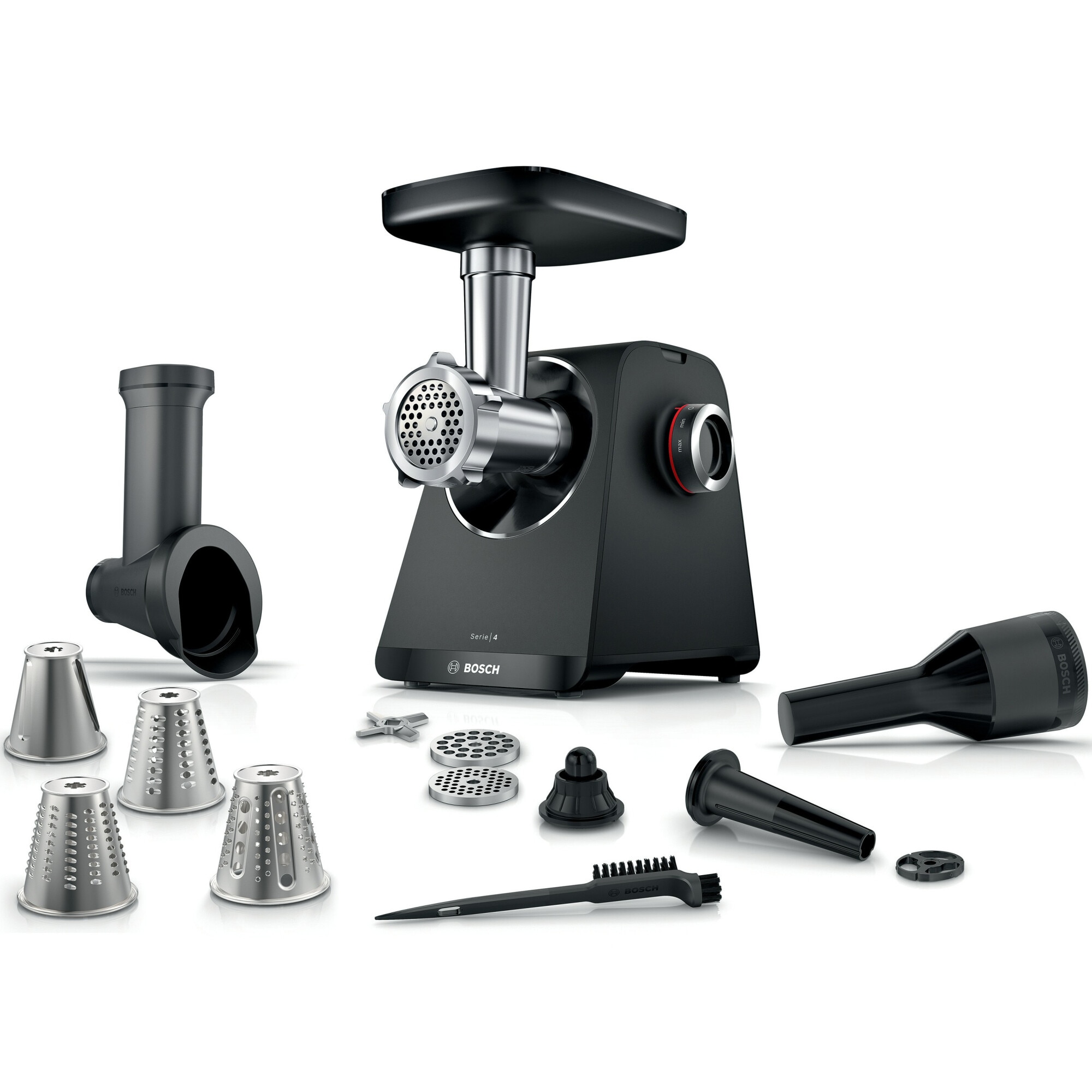 Fotografie Masina de tocat carne Bosch MFWS440B, 1900 W, 2,5kg/min, cutit cu 2 taisuri, accesoriu inclus pentru carnati / umplut legume si kebbe,negru