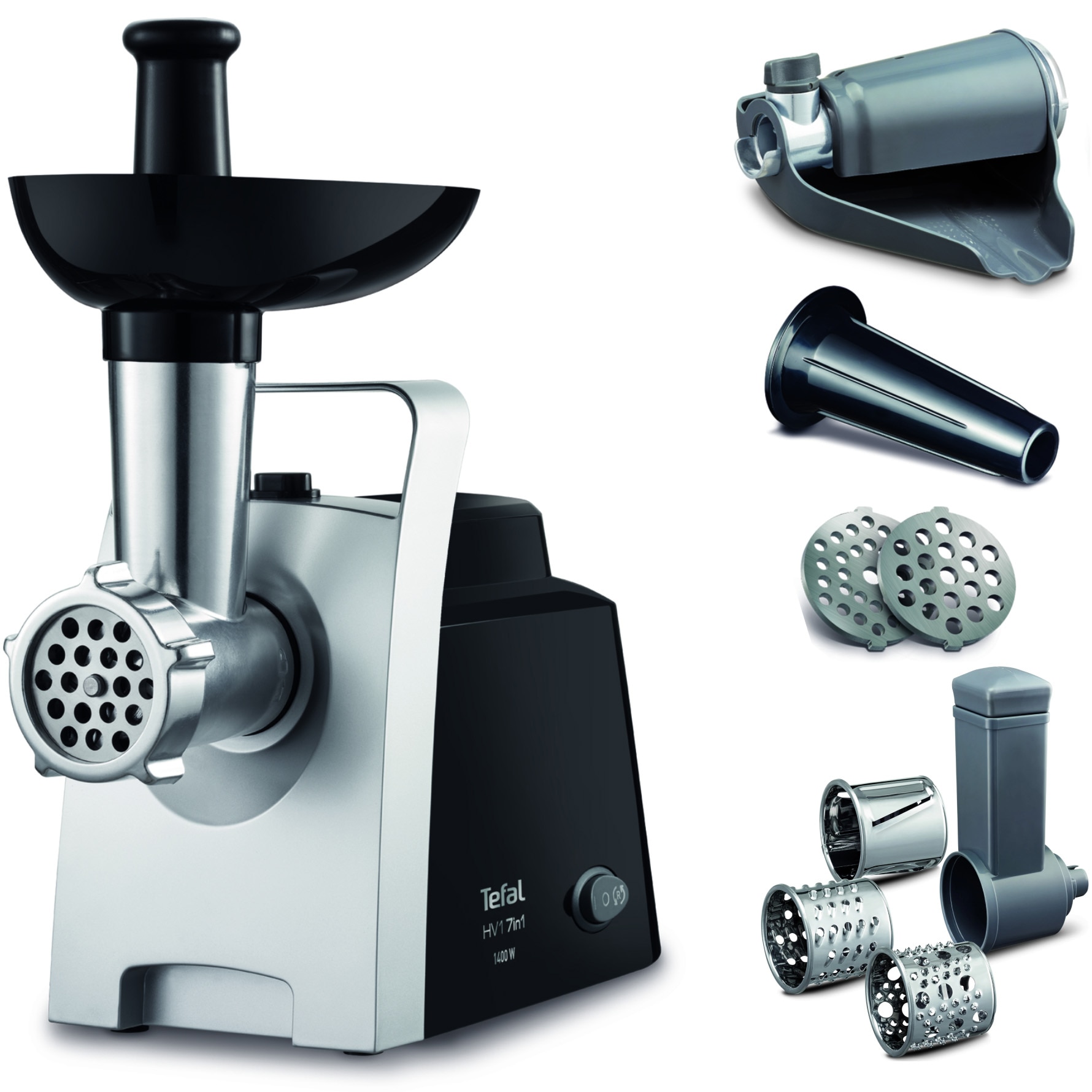 Fotografie Masina de tocat carne Tefal HV1 NE109838, 1400W, 1.7 kg/ min, accesorii incluse, functie reverse, inox