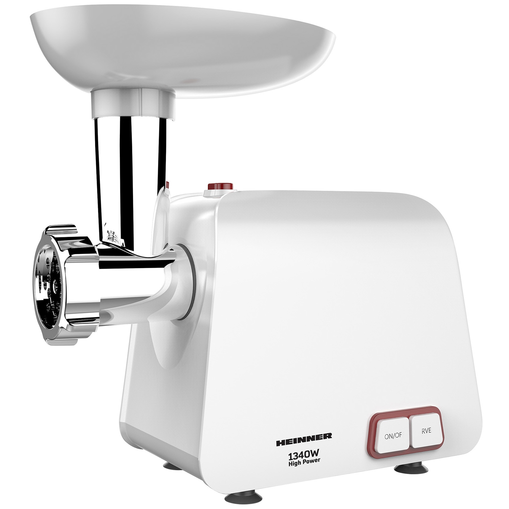 Fotografie Masina de tocat Heinner Pearl 1340 MG-1340WH, 1340 W, accesoriu de rosii si carnati, cutit din inox, functie Reverse, 2 site de tăiere, capacitate de tocare 1,2 kg/min, Alb