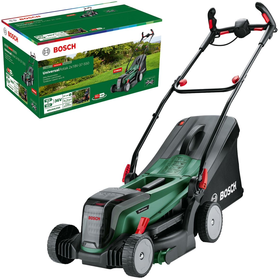 Fotografie Masina de tuns gazon/iarba pe acumulator Bosch UniversalRotak 2x18V-37-550, 2x18 V, 37 cm latime lucru, inaltime de taiere 25-70 mm , 5 trepte de taiere sac colector 40 L, fara acumulator si incarcator in setul de livrare