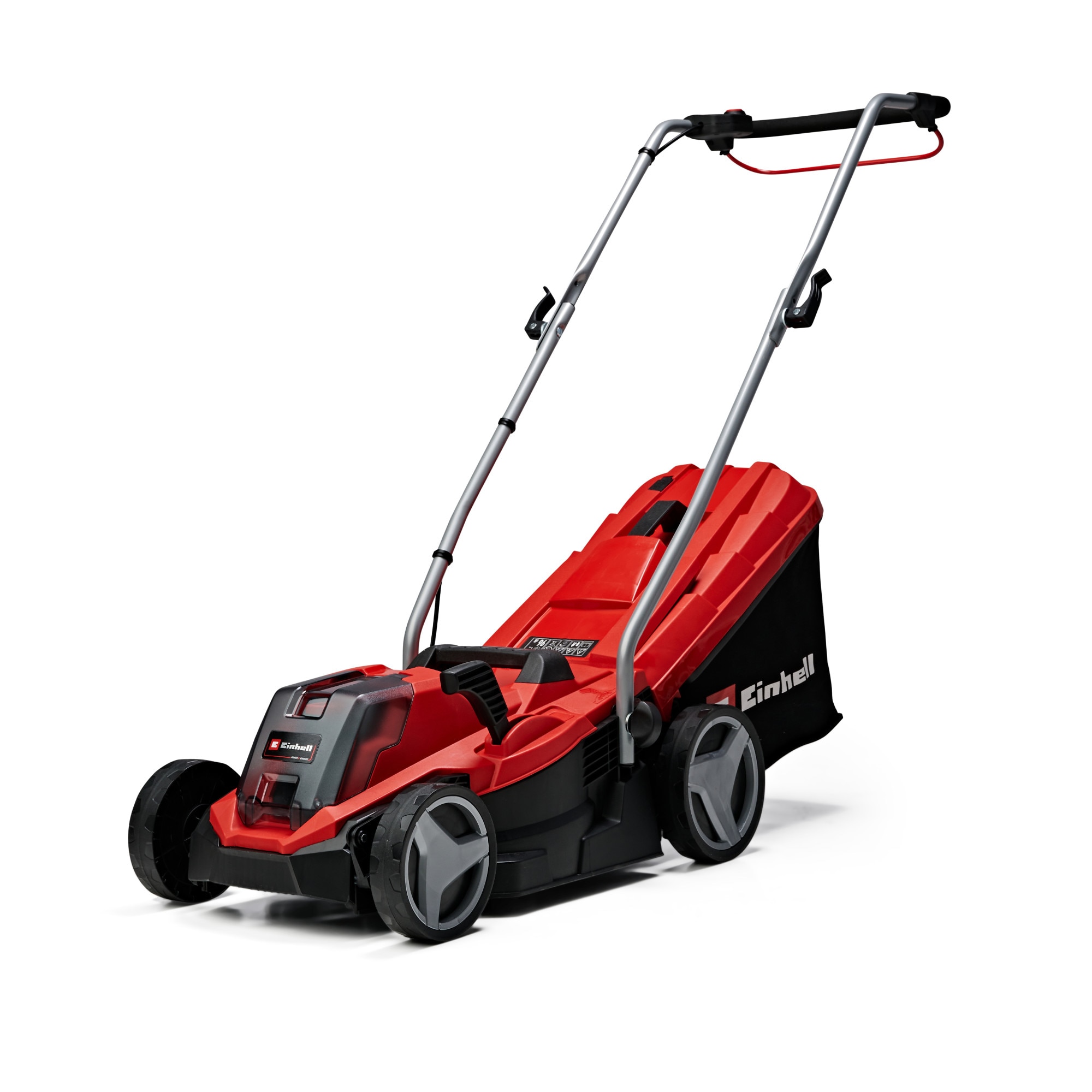 Fotografie Masina de tuns gazon/iarba pe acumulator Einhell Power X-Change GE-CM 18/33 Li, 18 V, latime taiere 33 cm, inaltime taiere 25-65 mm, 5 trepte de taiere, sac colector 30 L, include: incarcator + acumulator 18V 4.0 Ah