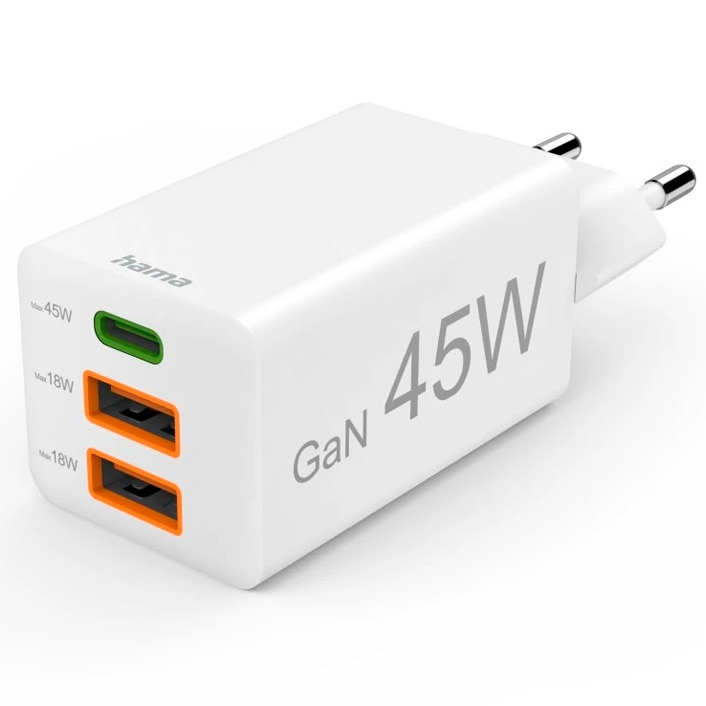 Fotografie Mini-Incarcator retea Rapid Hama GaN, 1x USB-C, 2x USB-A, PD, 45 W, alb