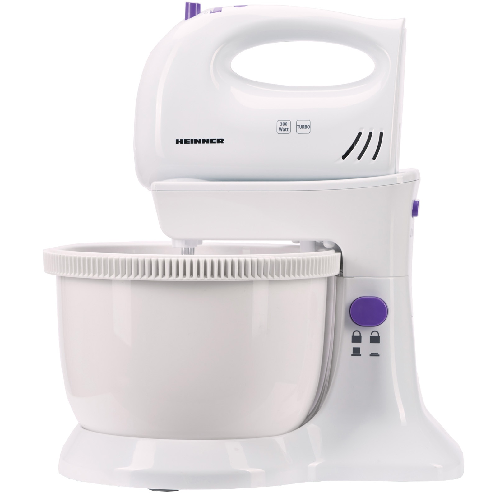 Fotografie Mixer cu bol Heinner Charm, 300W, 5 viteze + turbo, Alb/Mov