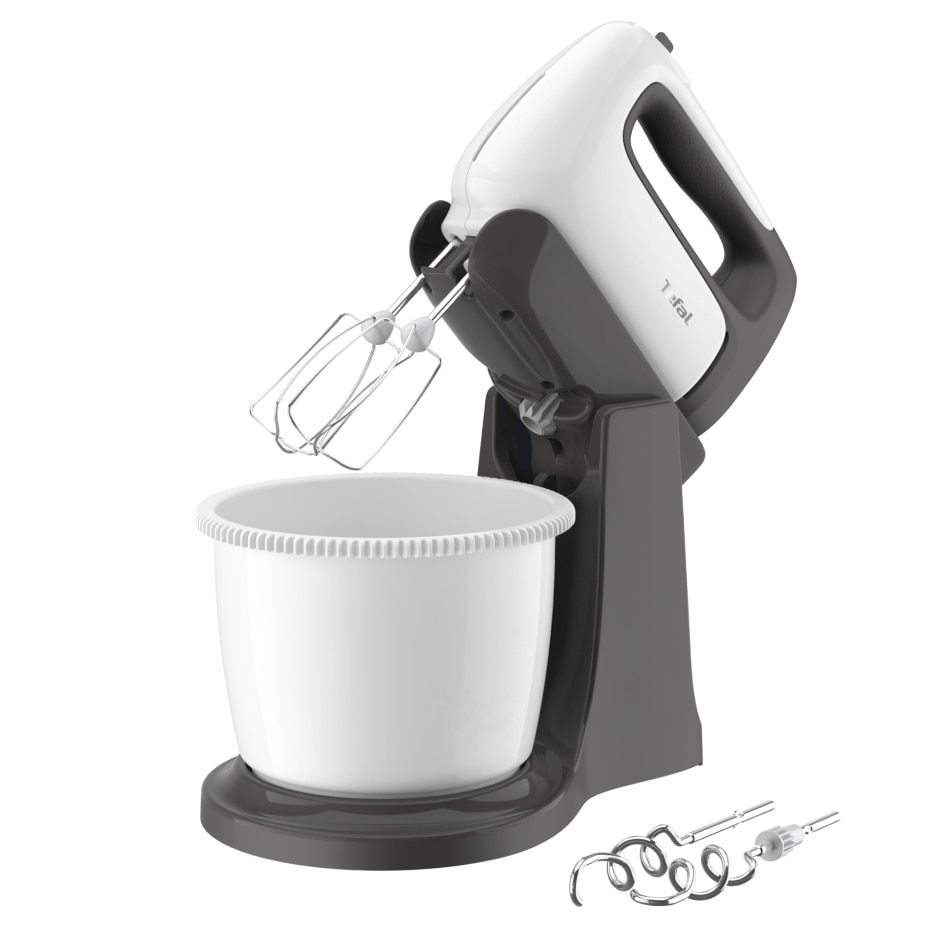 Fotografie Mixer cu bol Tefal Prep'Mix+ HT464138, 500W, bol 2.5L auto-rotativ, 5 trepte viteza si functie turbo, 2 teluri inox, 2 carlige inox, alb
