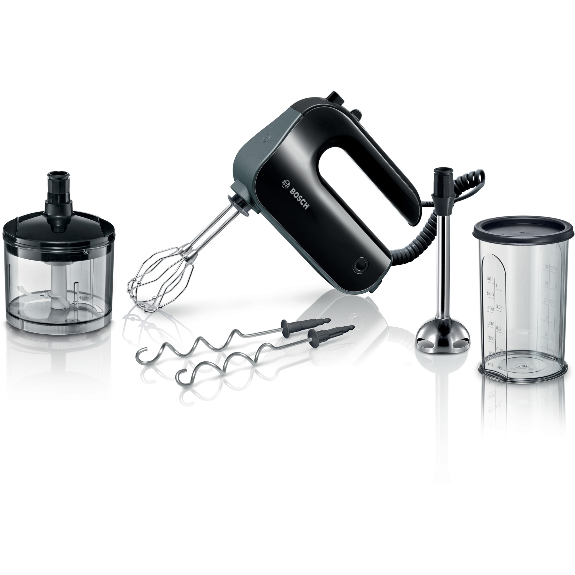 Fotografie Mixer de mana Bosch MFQ4980B, 850 W, 5 trepte de putere + functie turbo, Chopper, Vas gradat, 2 teluri din otel inoxidabil, 2 spirale din otel inoxidabil, Negru