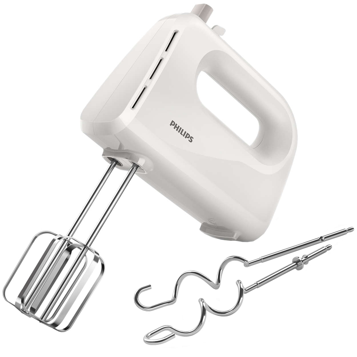Fotografie Mixer de mana Philips HR3705/00, 300 W, 5 viteze, functie Turbo, paleta lamelara, 2 carlige pentru aluat, maner antialunecare, palete conice care functioneaza cu 20% mai rapid, Alb
