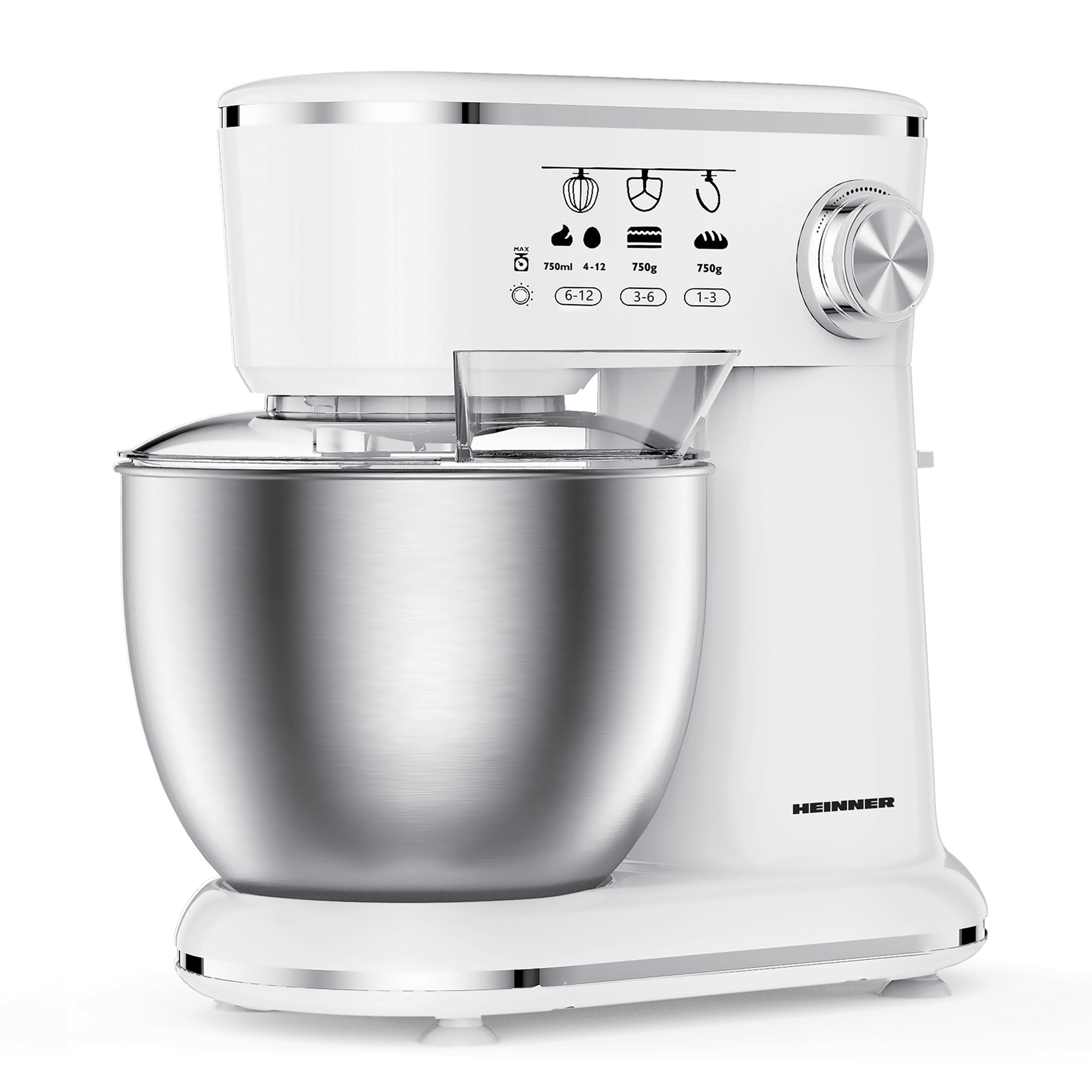 Fotografie Mixer planetar cu bol Heinner HPM-1000WHCH, 1000W, bol inox 5L, 12 viteze, tel, carlig framantare, paleta, capac transparent protectie, alb