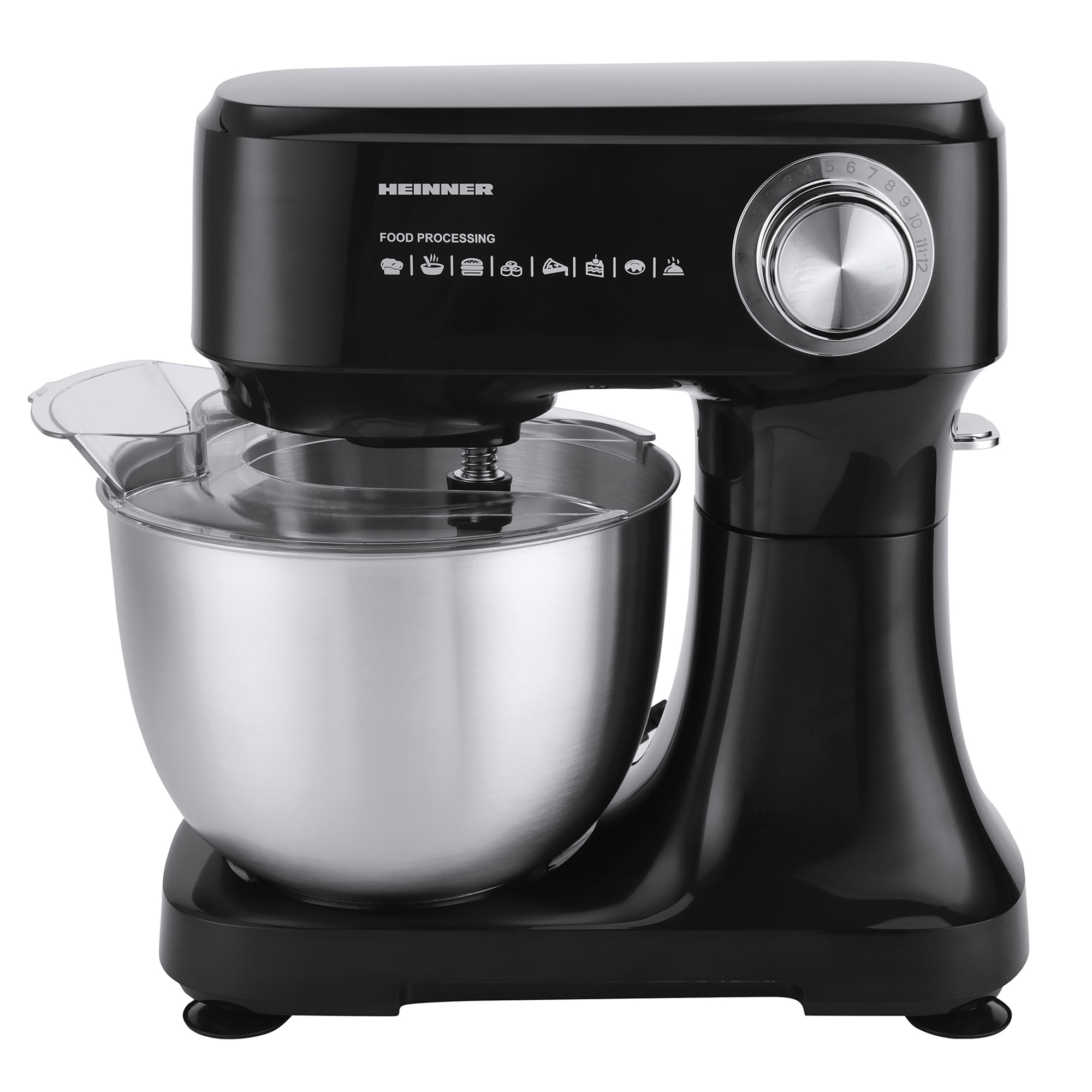 Fotografie Mixer planetar cu bol Heinner HPM-D750BK, 600W, 12 viteze, bol inox 3.5L, accesorii tel, paleta si carlig, negru