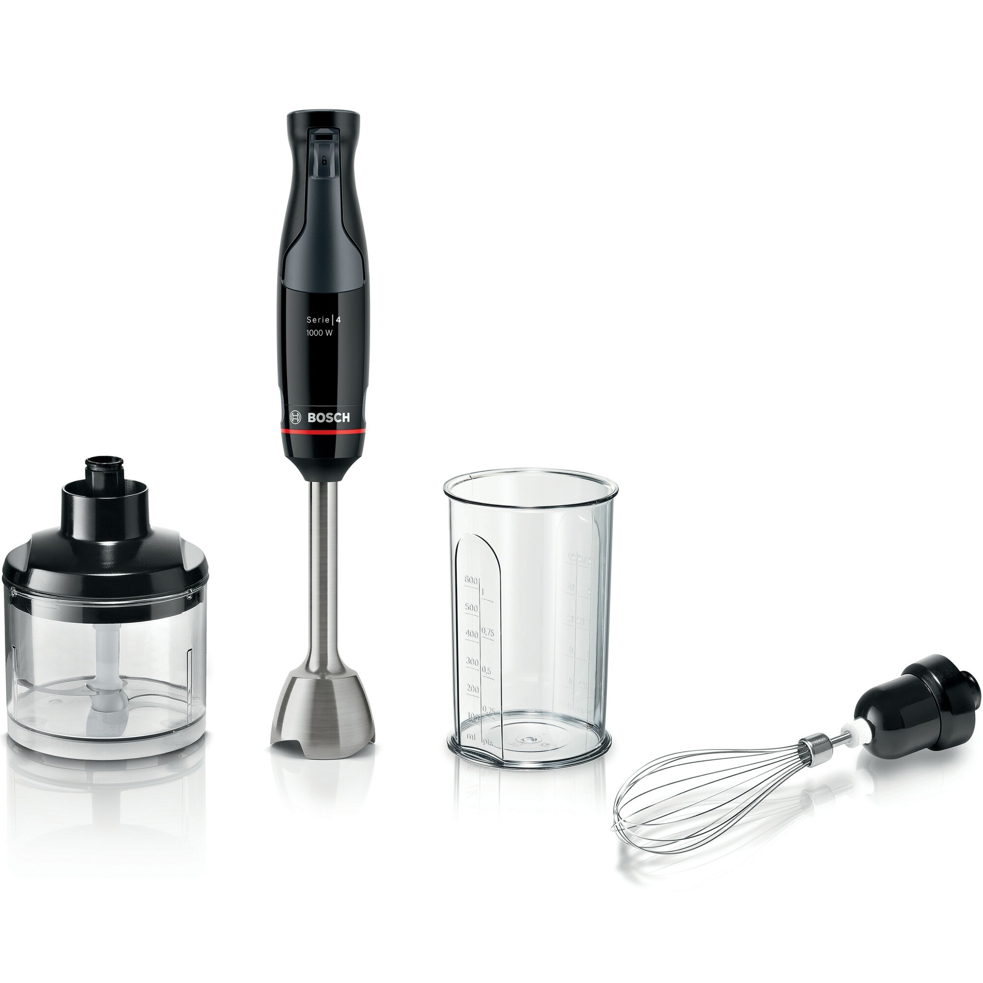 Fotografie Mixer vertical Bosch ErgoMaster MSM4B621, 1000 W, cutit 4 lame si functie antisplash, picior mixare otel inoxidabil, tel din otel inoxidabil, pahar masurare, aparat de maruntit, negru/antracit