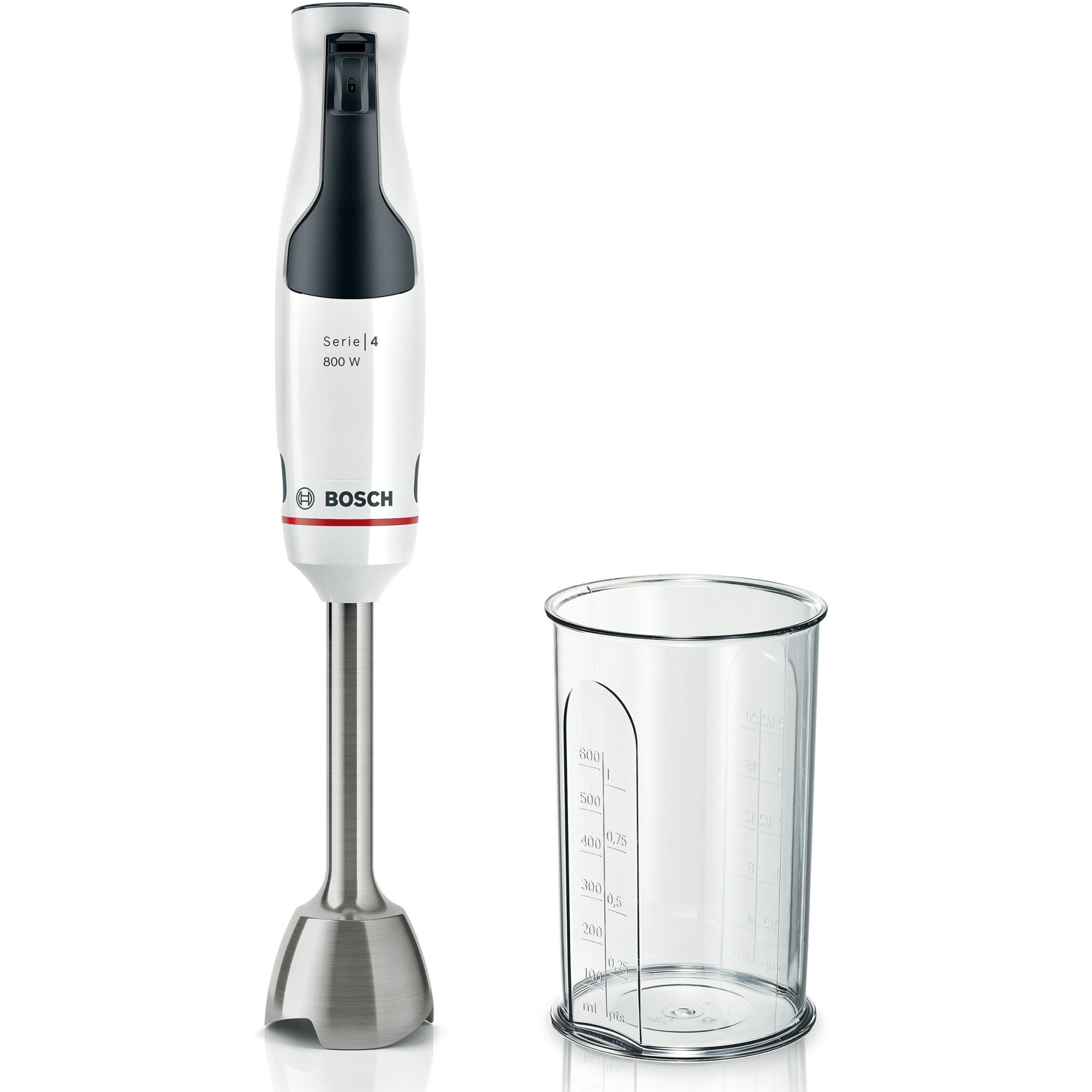 Fotografie Mixer vertical Bosch ErgoMaster MSM4W410, 800 W, cutit 4 lame si functie antisplash, cuplaj ceramic, picior mixare inoxidabil, pahar de masurare, Alb/ antracit