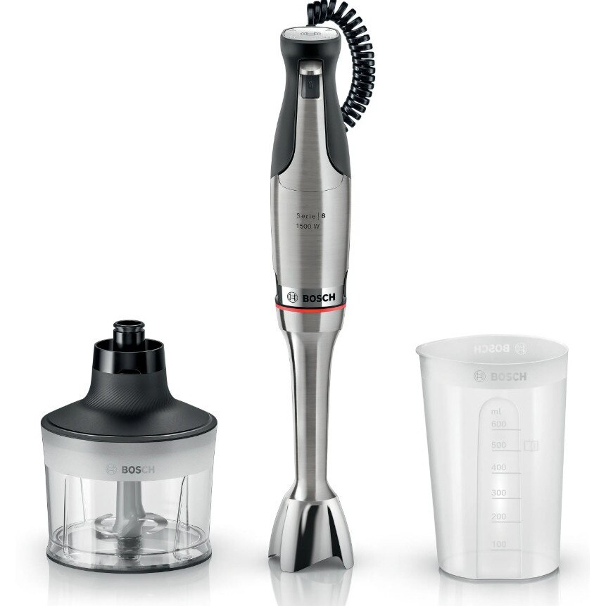 Fotografie Mixer vertical Bosch ErgoMaster Seria 8 MSM8M930, 1500W, cutit cu 6 lame și Flow Booster cu sistem antisplash, picior mixare otel inoxidabil, pahar masurare, aparat de maruntit, Argintiu