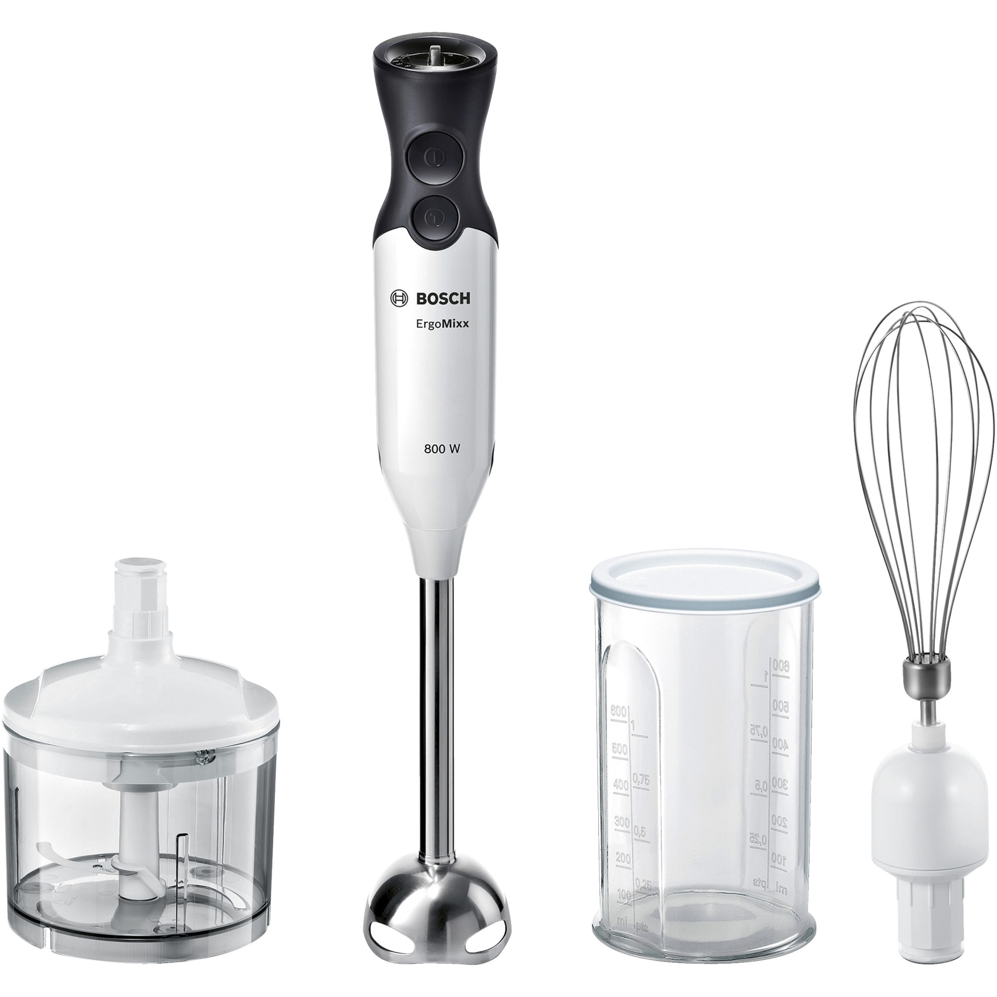 Fotografie Mixer vertical Bosch ErgoMixx MS6CA4150, 800 W, 12 viteze+Turbo, minitocator, tel, vas gradat, cutit Quattro Blade, alb/ antracit
