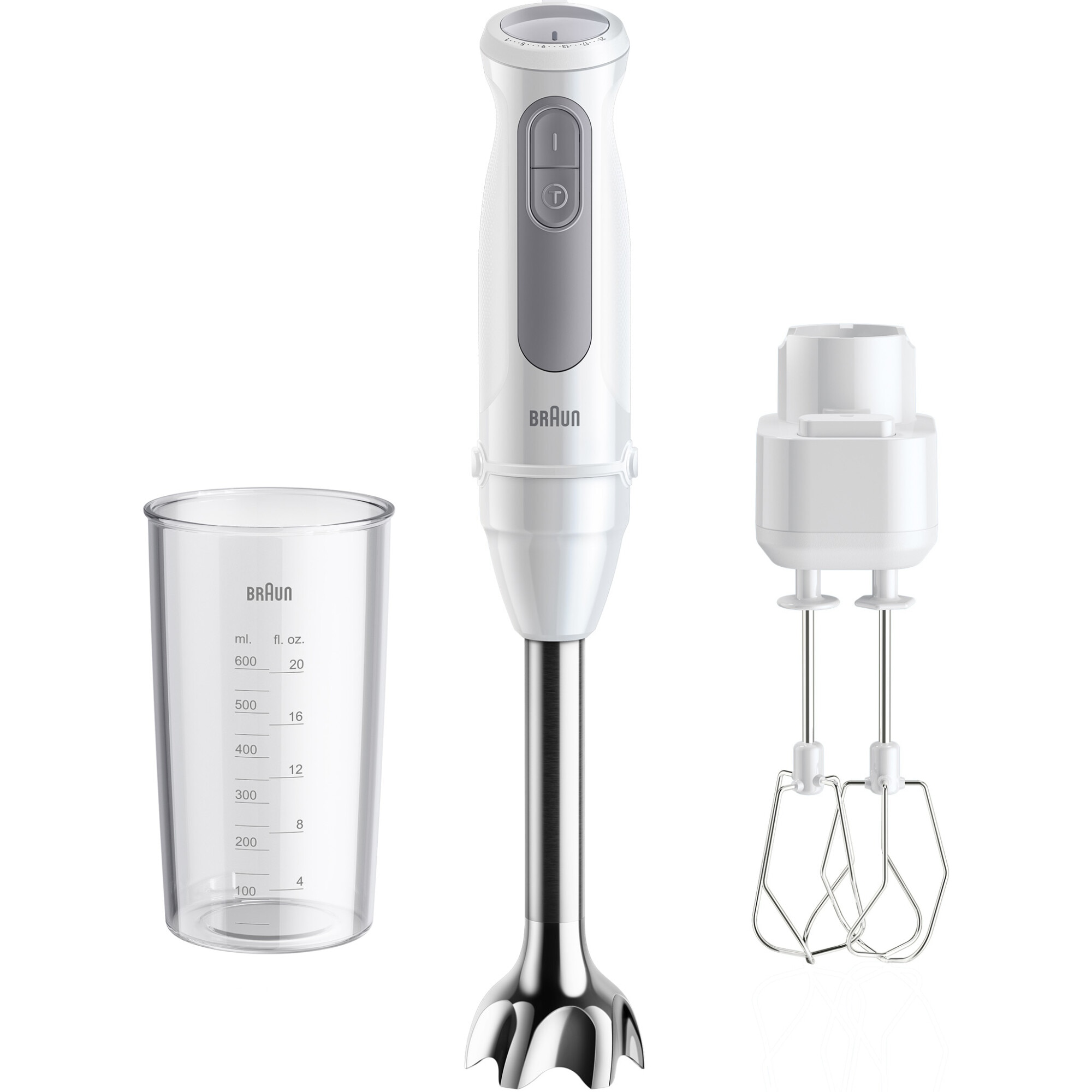 Fotografie Mixer vertical Braun MQ50501M, 1000W, 21 trepte viteza, Functie Turbo, Tel dublu, Pahar gradat 600ml, alb
