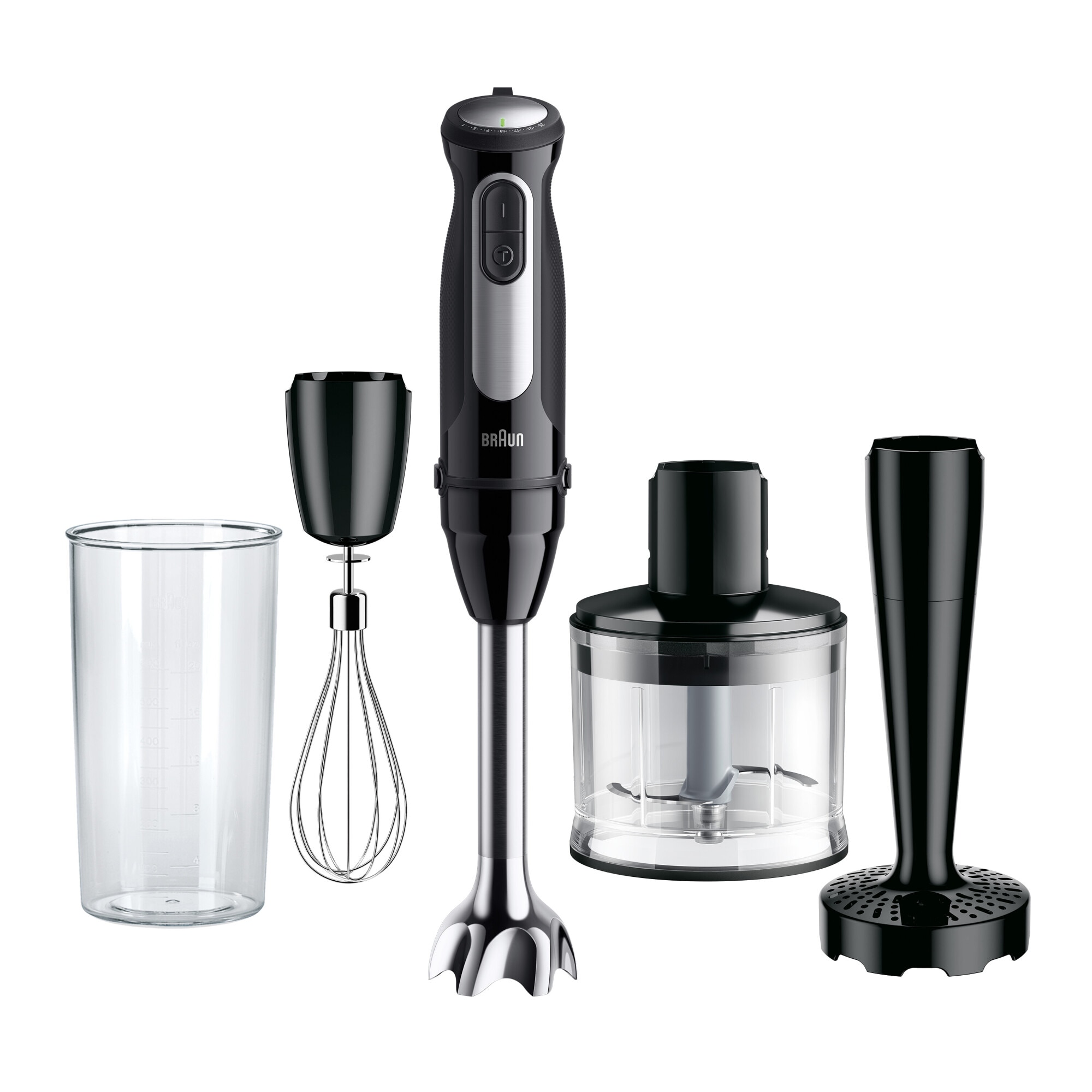 Fotografie Mixer vertical Braun MQ55307M, 1000 W, 25 trepte viteza, Functie Turbo, Tocator 500 ml, Accesoriu piure, Pahar gradat 600 ml, Tel, Negru/Inox