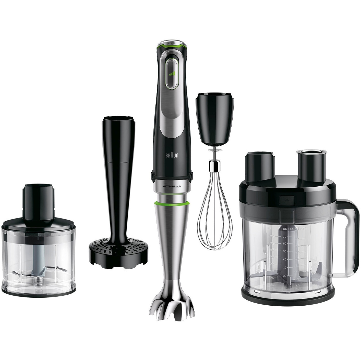 Fotografie Mixer vertical Braun MQ9187XLI, 1200 W, viteza variabila SmartSpeed, Procesor alimente 2l, Tocator 500 ml, Accesoriu framantare, Accesorii feliere, Tel, Pahar gradat 600 ml, Negru