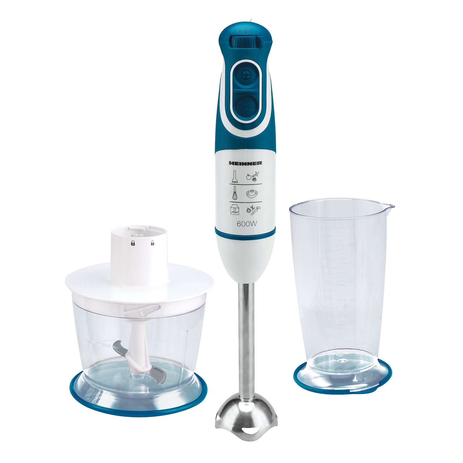 Fotografie Mixer vertical Heinner Charm HB-600BL, 600 W, 5 viteze, Functie turbo, Tel, Tocator, Alb/Albastru
