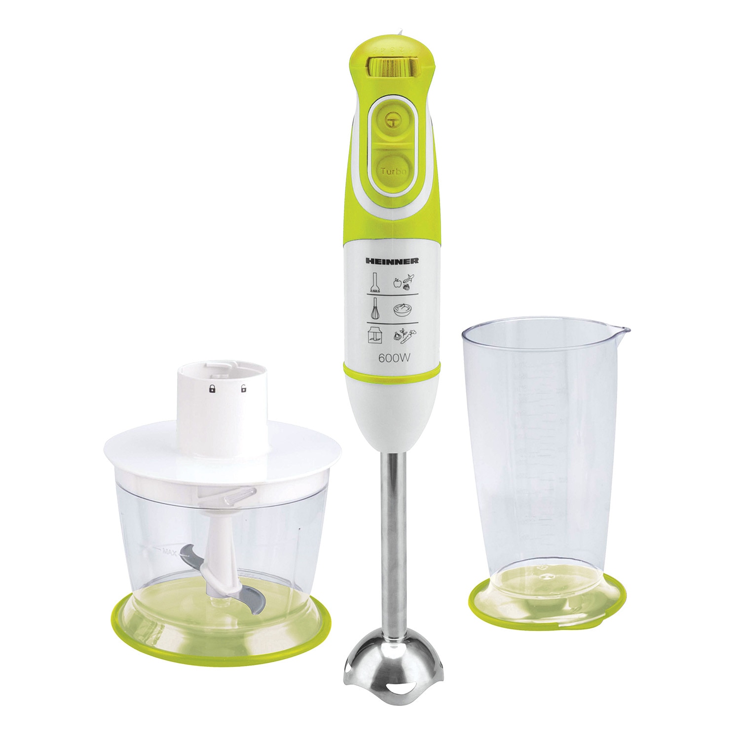 Fotografie Mixer vertical Heinner Charm HB-600GR, 600 W, 5 viteze, Functie turbo, Tel, Tocator, Alb/Verde