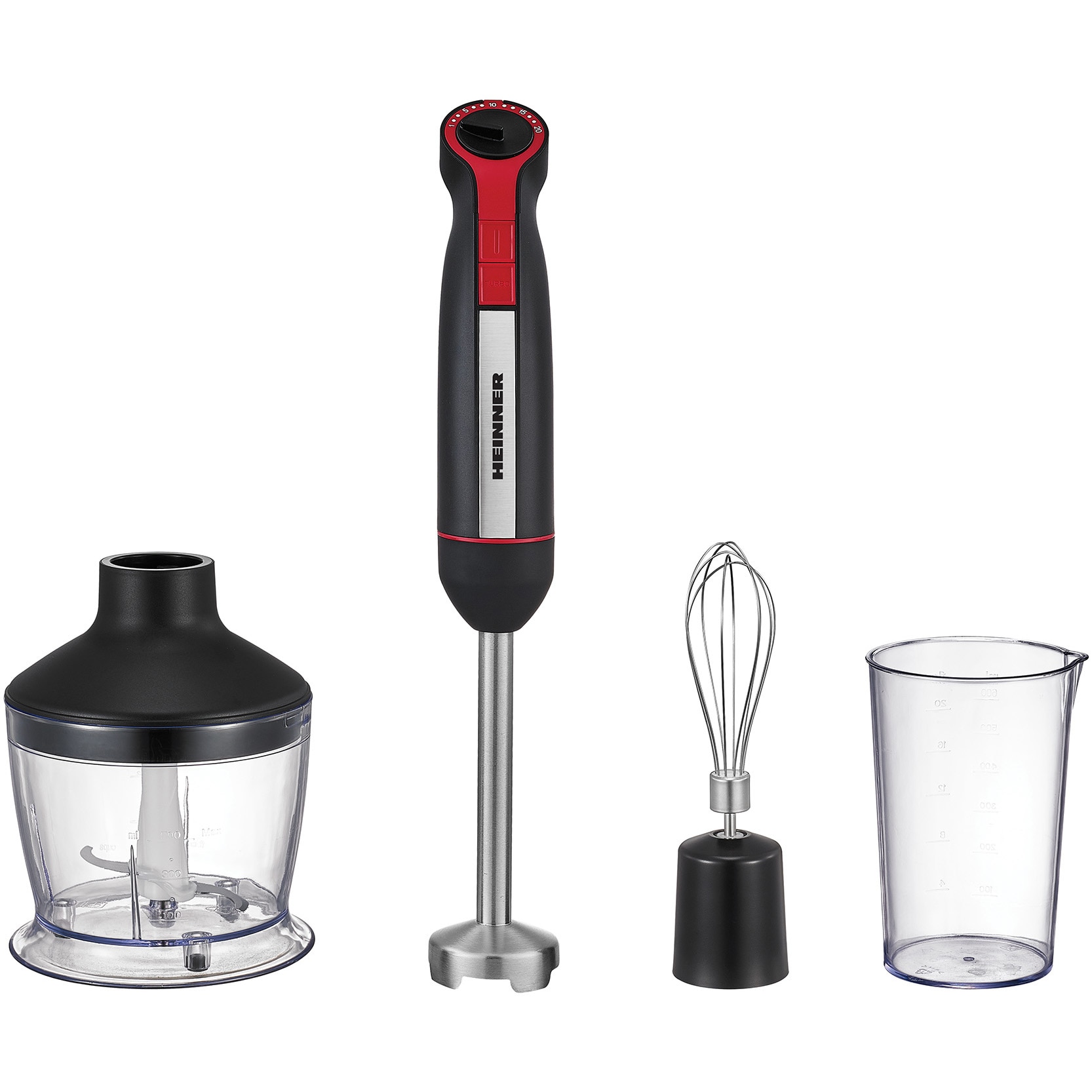 Fotografie Mixer vertical Heinner HHB-DC1200BKRD, 1200 W, Motor DC, Viteza variabila + turbo, Picior blender inox, Lame inox, Accesorii: tel, tocator 500 ml, Cana mixat 600 ml, Negru/Rosu