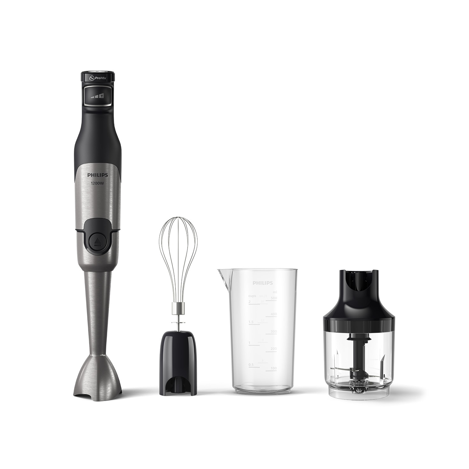 Fotografie Mixer vertical Philips HR2683/00 Seria 5000, 1200 W, Tehnologie SpeedTouch, Aparatoare impotriva stropirii pentru lama, Indicator de viteza cu LED, Accesorii tel si tocator, negru/argintiu