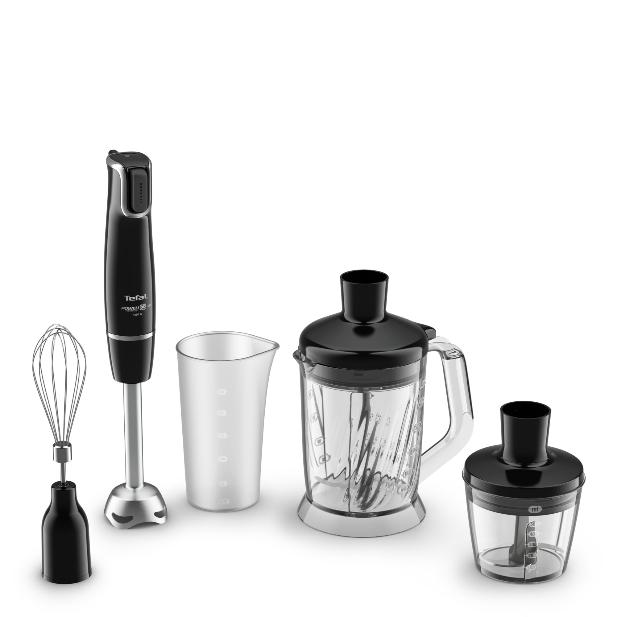 Fotografie Mixer vertical Tefal InfinyForce HB94L830, 1000 W, 5 accesorii, pahar de masurat 800ml, capacitate tocator 500ml, Tehnologia Powelix, inox, negru