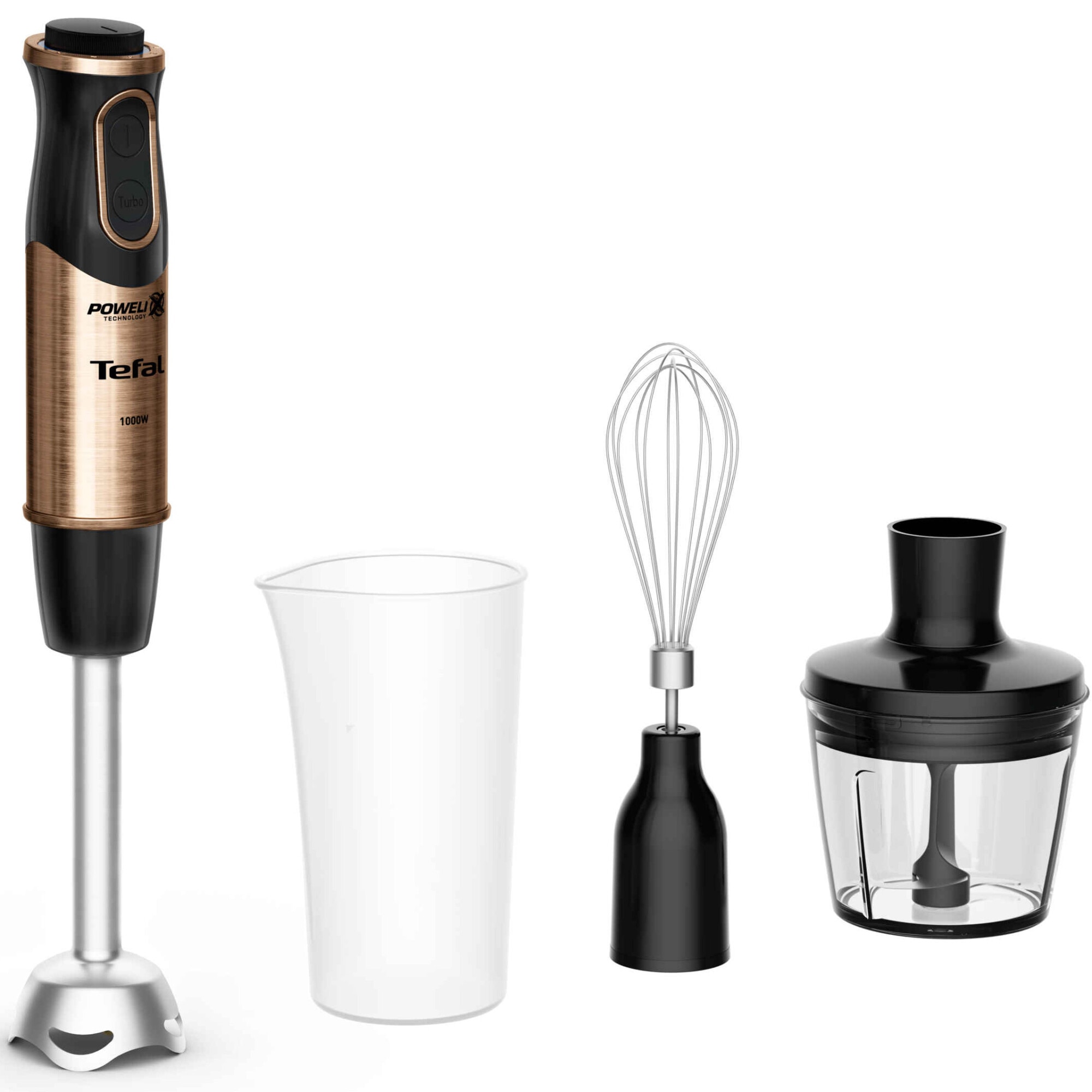Fotografie Mixer vertical Tefal Quickchef Coppertinto 3 in 1 HB656G10, 1000W, 20 trepte viteza, tehnologie Powelix, picior din inox, pahar gradat 800 ml, tocator 500 ml, tel inclus, protectie antistropire, negru & maro