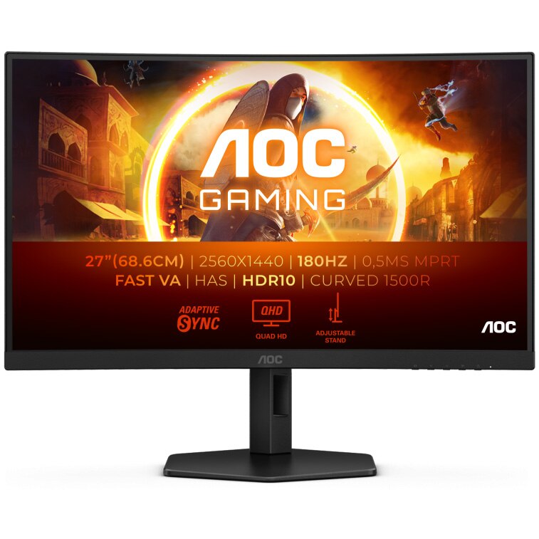 Fotografie Monitor Gaming AOC, Curbat, 27", VA, QHD, 180Hz, 1ms, 0.5ms, HDR10, FlickerFree, HA, HDMI, DisplayPort, CQ27G4X, Negru