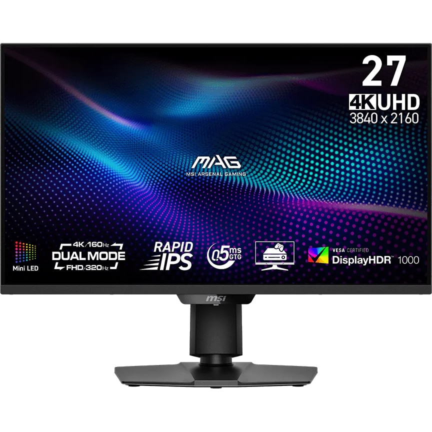Fotografie Monitor Gaming MSI MAG 274UPDF E16M, 27", Dual Mode 4K UHD (3840 x 2160)/160Hz, FHD (1920x1080)/320Hz, Rapid IPS cu Mini-LED, 0.5ms (GtG, Min.), G-SYNC Compatible, AMD FreeSync™ Premium, DisplayHDR 1000, HDMI™ 2.1, DP 1.4a, USB-C 15W PD, Pivot, Negru