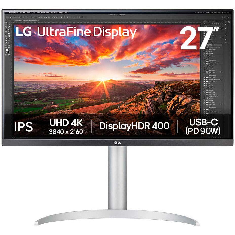 Fotografie Monitor LED LG 27UP850K-W, 27", UHD (3840x2160), IPS, 60Hz, 5ms (GtG), HDR10, DisplayHDR™ 400, Dynamic Action Sync, Super Resolution+, Flicker Free, Black Stabilizer, Maxx Audio, Difuzaoare 5Wx2, HDMI, DP, USB-C 90W, Pivot, Silver