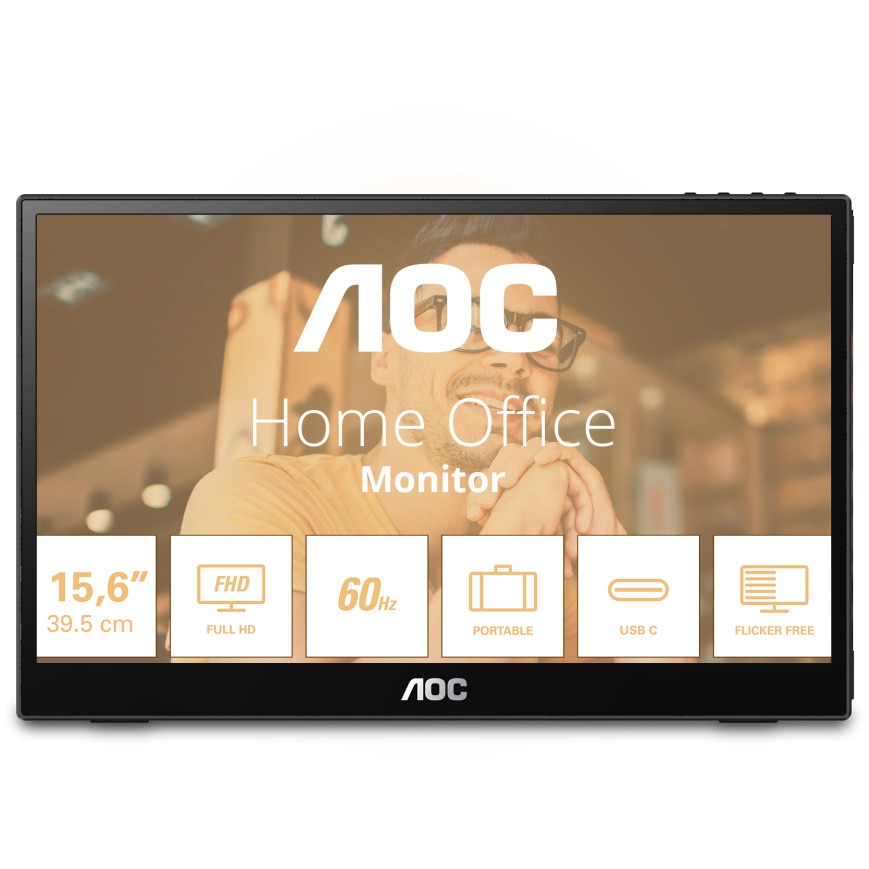 Fotografie Monitor Portabil LED IPS AOC 15.6", Full HD (1920x1080), 60Hz, 4ms, Flicker Free, USB Type-C, Jack, 16T3EA, negru