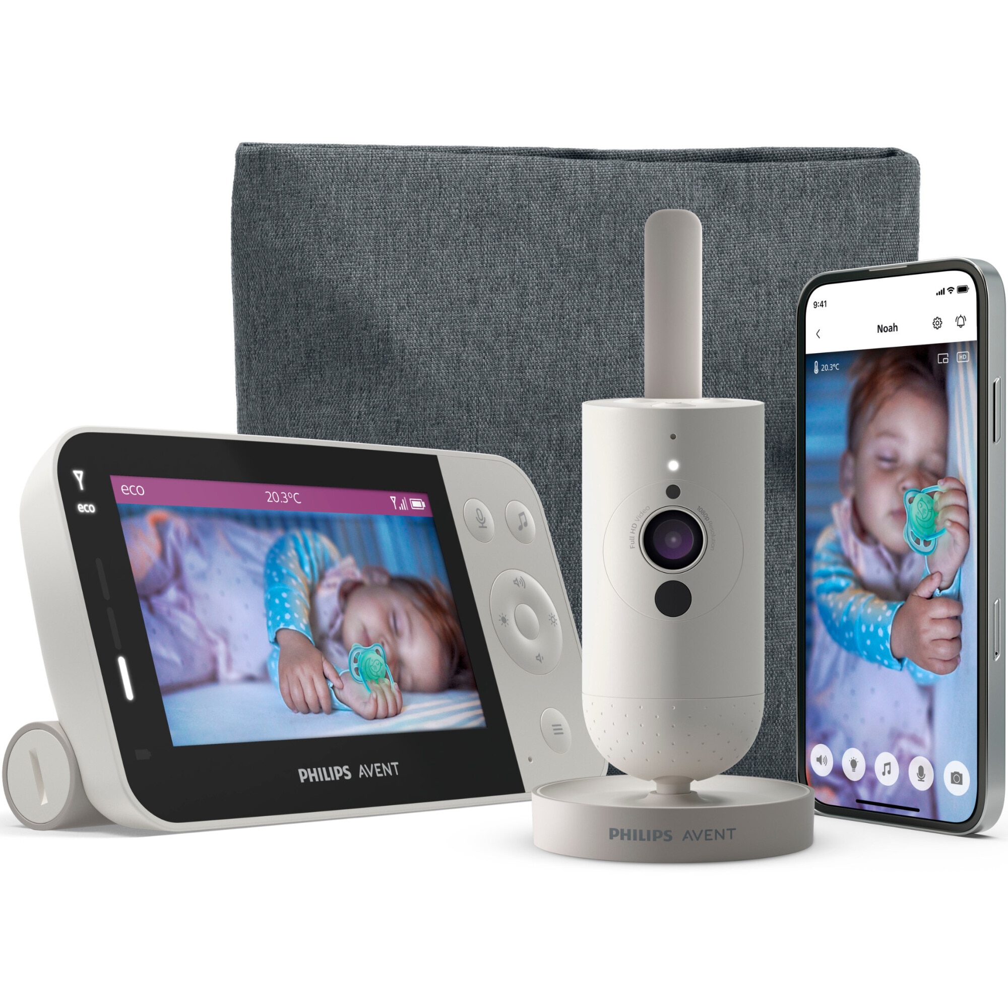 Fotografie Monitor video digital pentru bebelusi Philips-AVENT SCD953/26, cu sistem de conectare prin aplicatia mobila Baby Monitor+, LCD 4.3 inch, camera full HD, mod nocturn, zoom, termometru, sunete linistitoare, raza de actiune 0-400 m