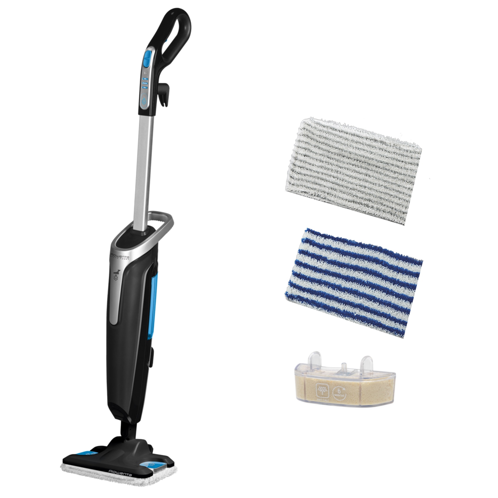 Fotografie Mop cu abur Rowenta Steam Power RY6555WH, 1200W, 0.6L, filtru anticalcar, 3 setari de reglaj al aburului, Negru/Albastru