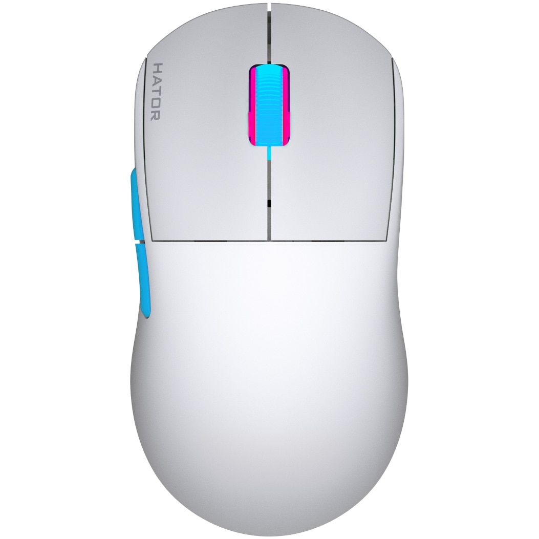 Fotografie Mouse gaming wireless Hator Quasar Pro, 26K DPI, polling rate pana la 1000H, durata de viata baterie in modulwireless pana la 100 ore, timp incarcare 2 ore, switch Kailh GM X WhiteSword, Alb/Albastru