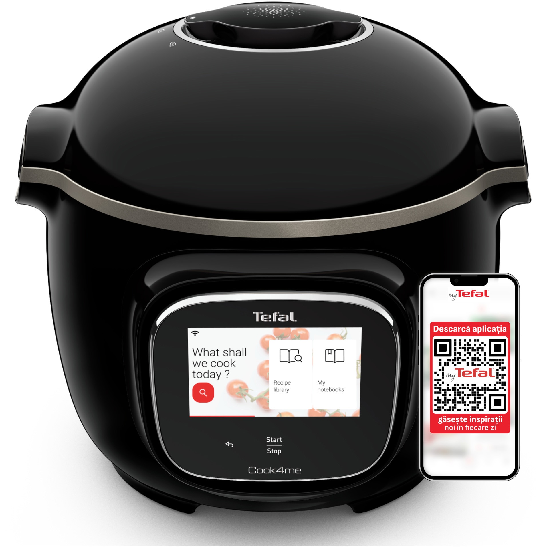 Fotografie Multicooker inteligent cu gatire sub presiune Tefal Cook4me Touch CY912831, 1600W, capacitate vas antiaderent 6L, 13 programe de gatire, Wi-Fi, ecran tactil LCD, aplicatie dedicata, pana la 6 persoane, negru