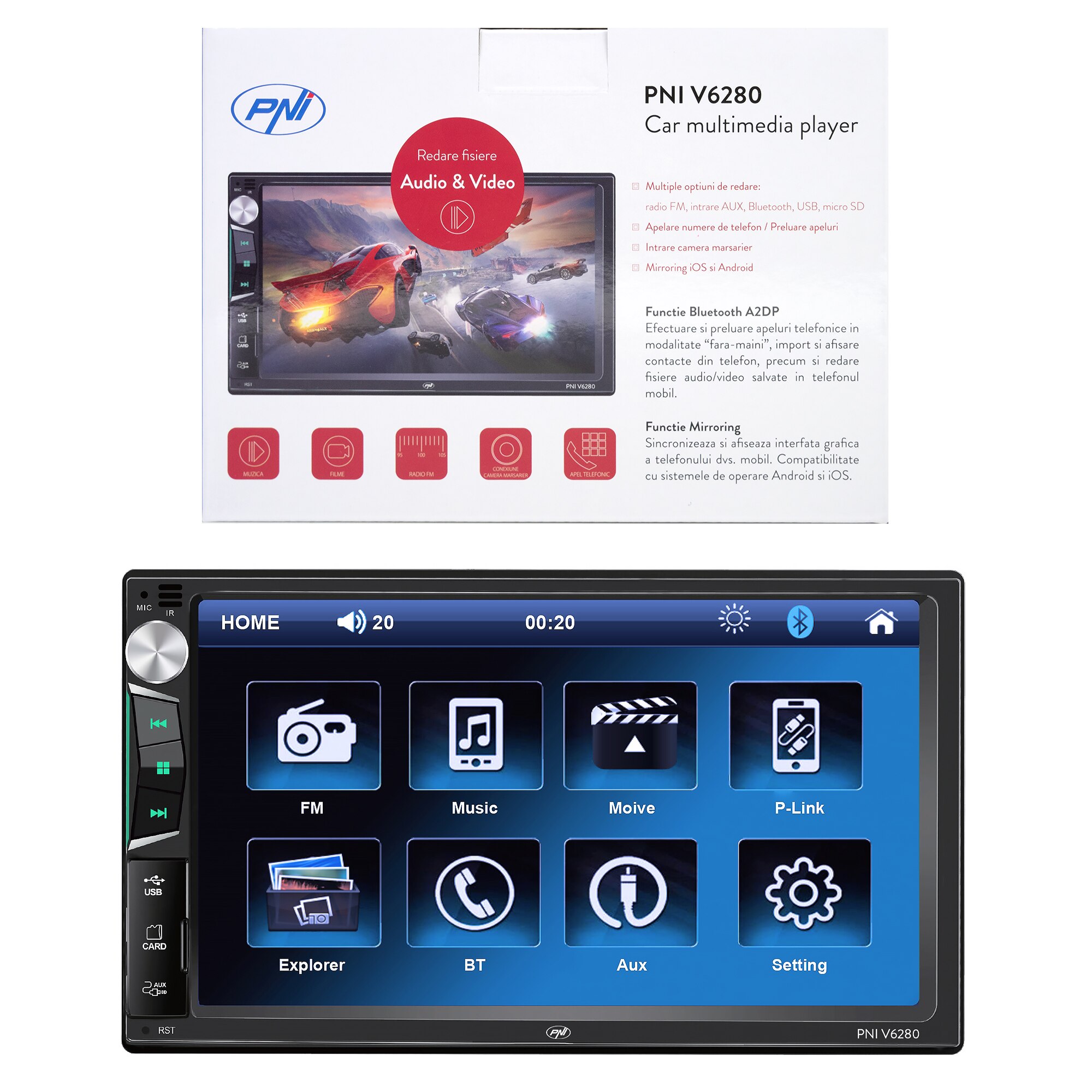 Fotografie Multimedia player auto PNI V6280 cu touchscreen, functie Bluetooth, functie Mirror Link Android/iOS USB, slot micro SD, intrare AUX, 2 DIN, intrare camera marsarier