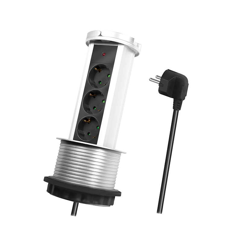 Fotografie Multipriza incorporabila LogiLink LPS235A, 3 prize, mecanism ridicare/coborare, indicator LED, H05VV-F 3G 1.5 mm², cordon 1.8 m, Argintiu/Negru/Alb