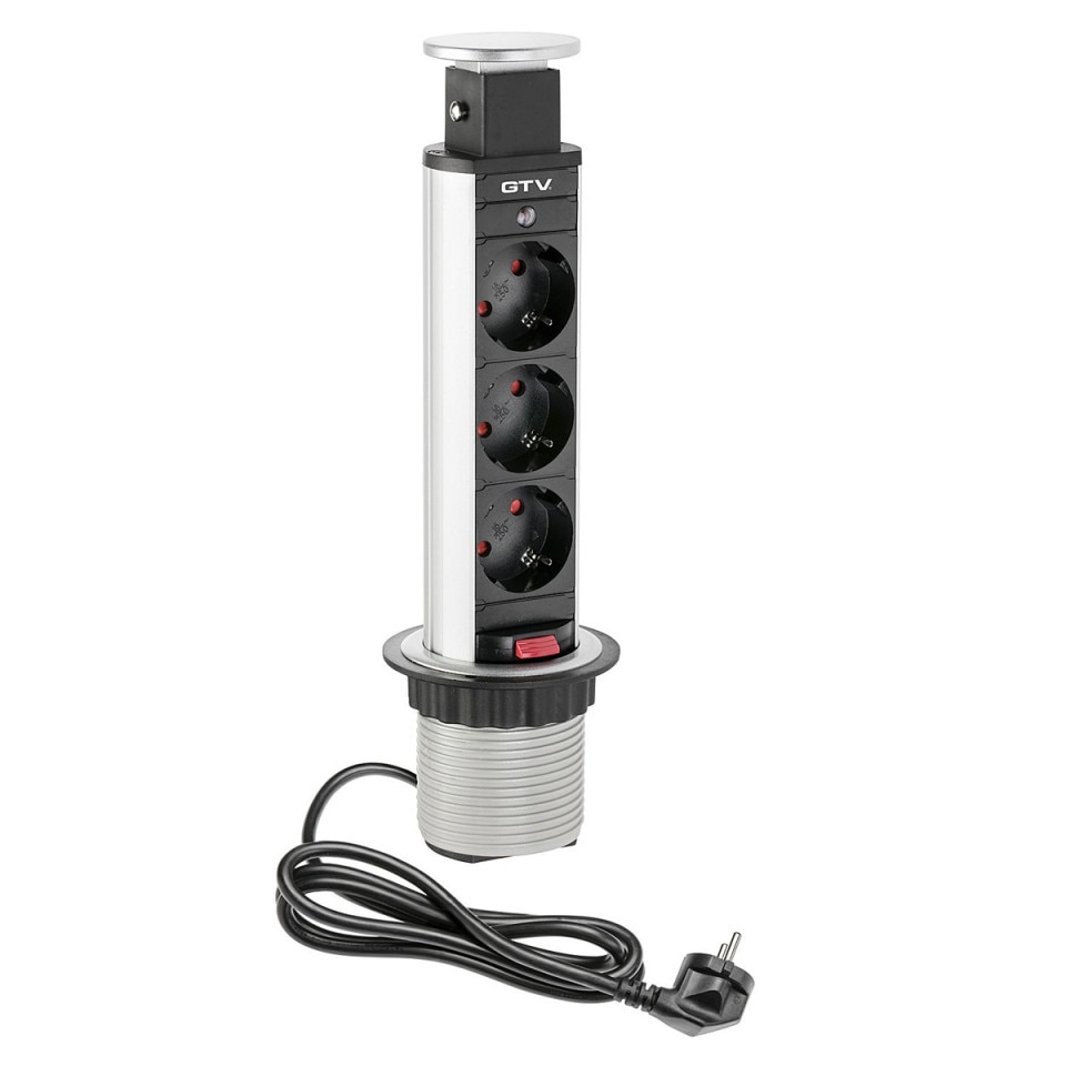 Fotografie Multipriza incorporabila pentru blat GTV AE-BPW3S60-80, retractabila, 3 prize, IP20, 1.5m, Negru/Argintiu