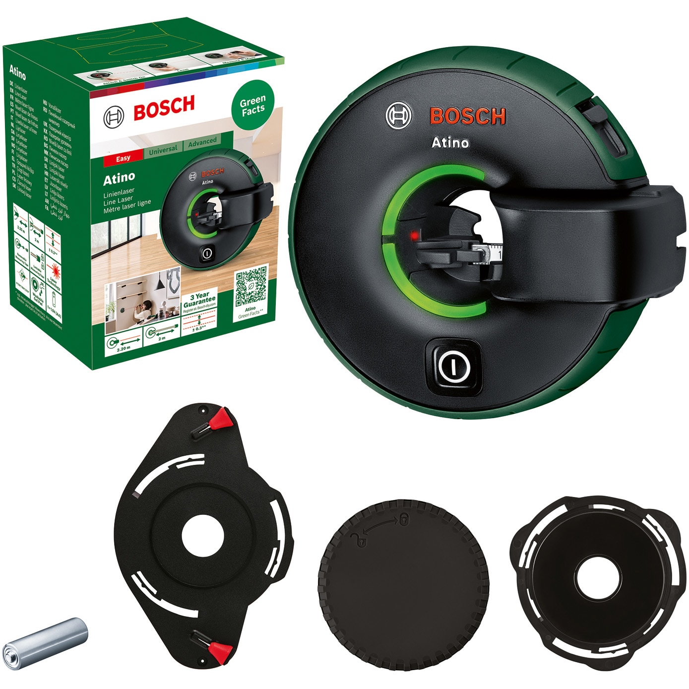 Fotografie Nivela cu laser Bosch Atino 0603663AZ0, 630-650 nm dioda laser, autonivelare, 2 m domeniu lucru, 1 pad cu gel, 1 x 1.5 V LR6 (AA), capac de protectie pentru padul cu gel, 2 stifturi