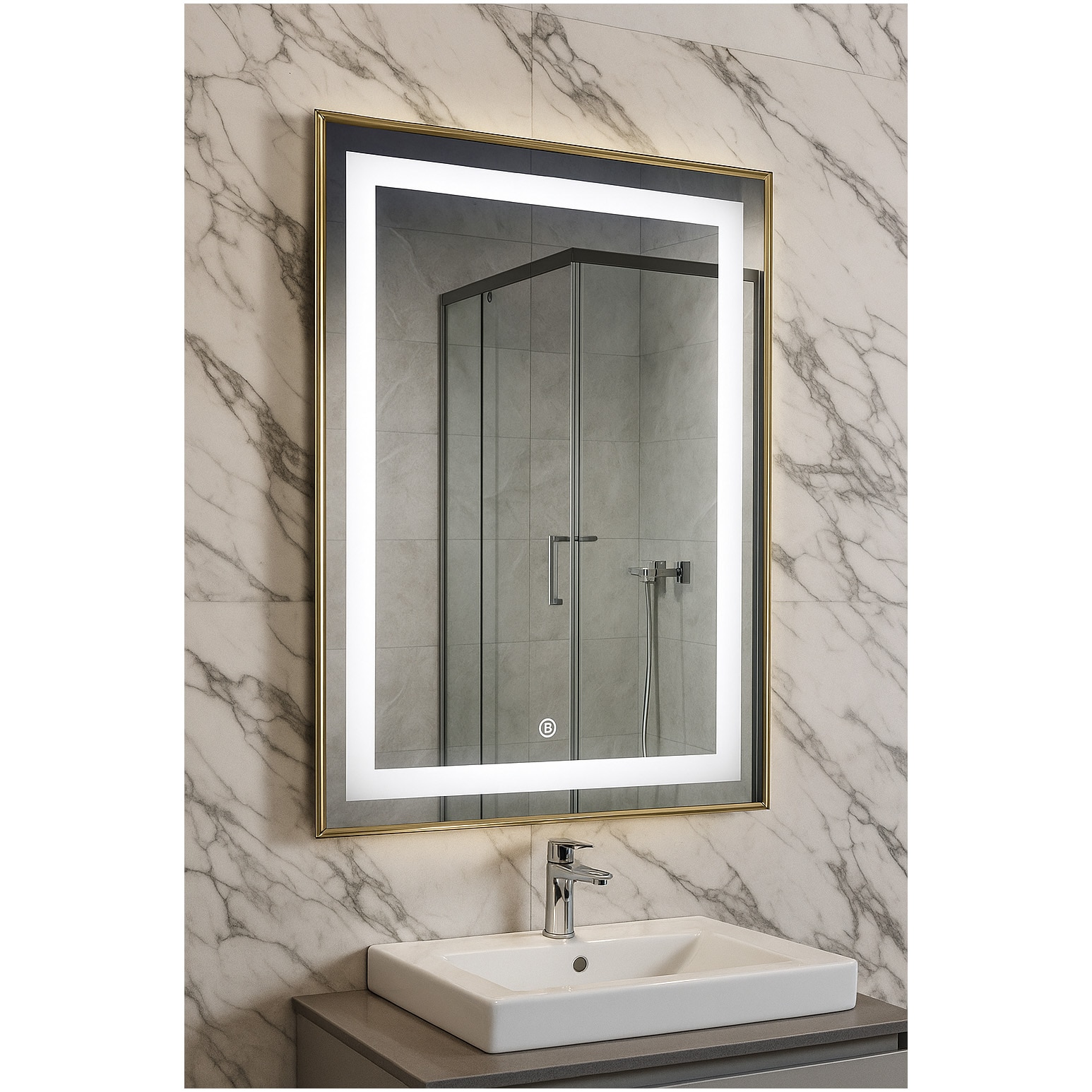 Fotografie Oglinda baie cu iluminare LED Badenmob 18429, intrerupator touch, rama aurie, 60x80cm