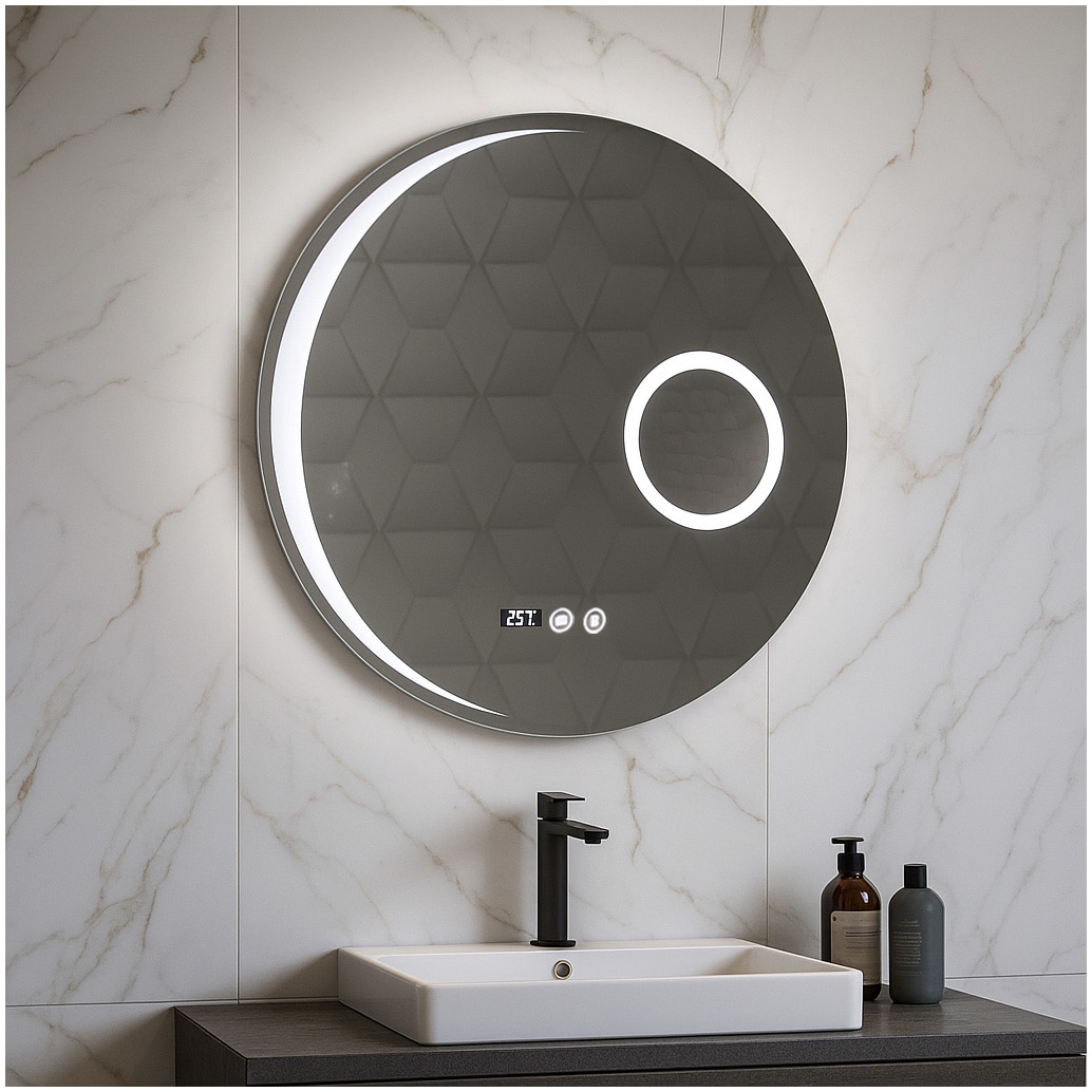Fotografie Oglinda baie cu iluminare LED Badenmob 18502, functie dezaburire, ceas, termometru si lupa, D60cm