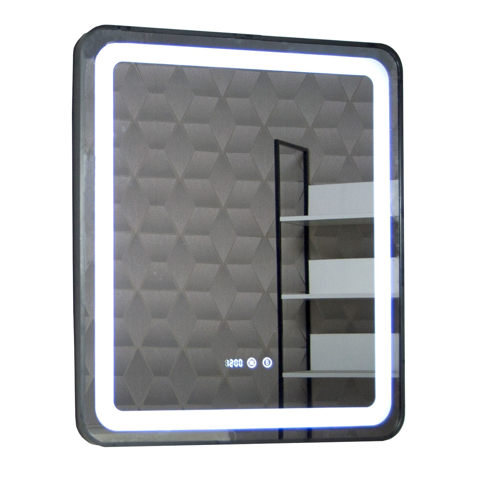 Fotografie Oglinda baie cu iluminare LED Badenmob, functie dezaburire, ceas, data si termometru, 70x80cm, rama neagra, clasa energetica G