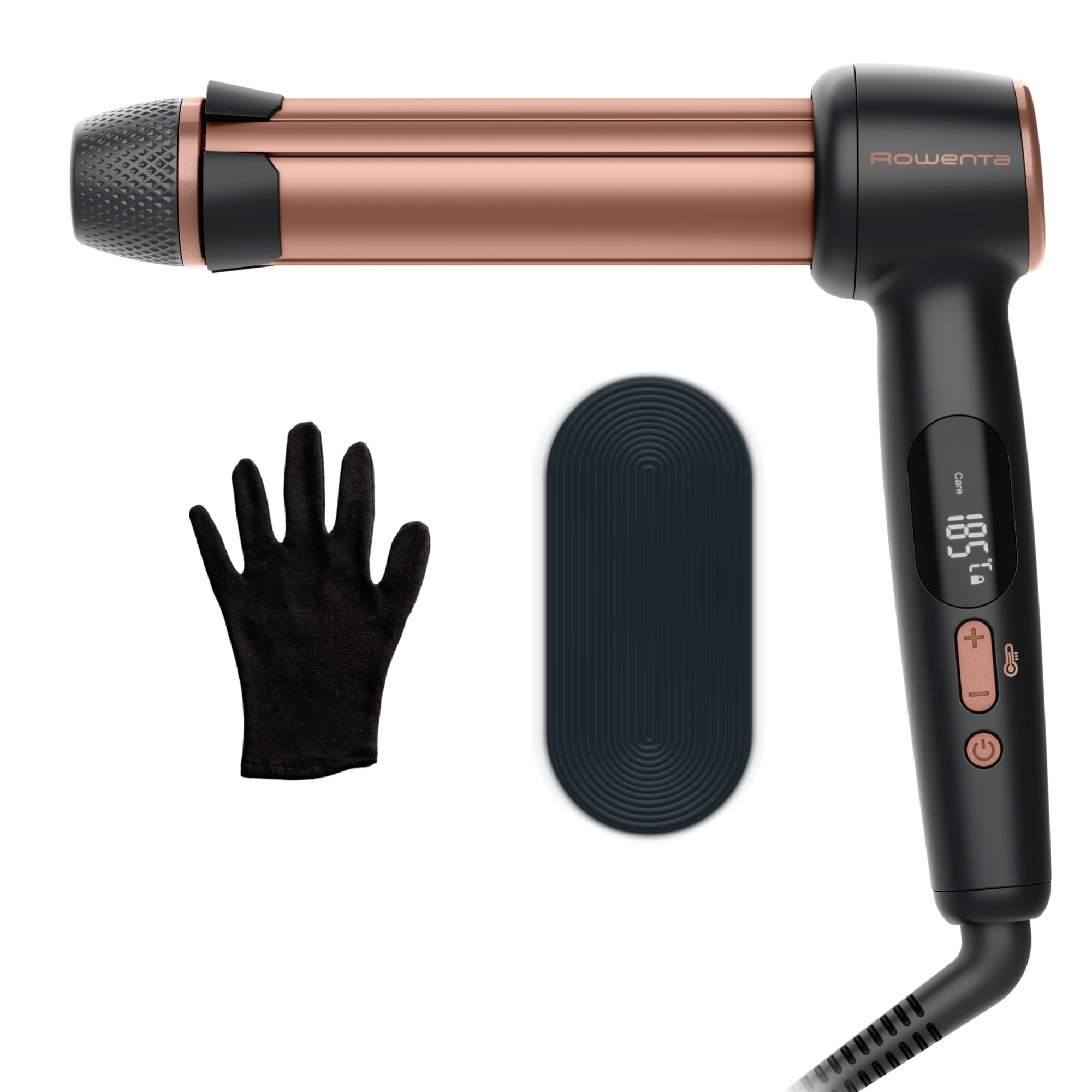Fotografie Ondulator de par Rowenta Twist Curl CF4620E0, 75W, 4 trepte de temperatura 150 - 210°C, ajustabil pe 3 diametre 27 - 32 - 38 mm, invelis ceramic, forma unica de L, negru & roz