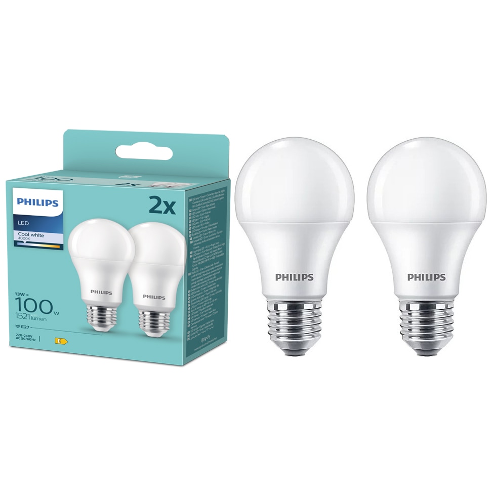 Fotografie Pachet 2 becuri LED Philips A67, E27, 13W (100W), 1521 lm, lumina neutra (4000K), Clasa energetica E