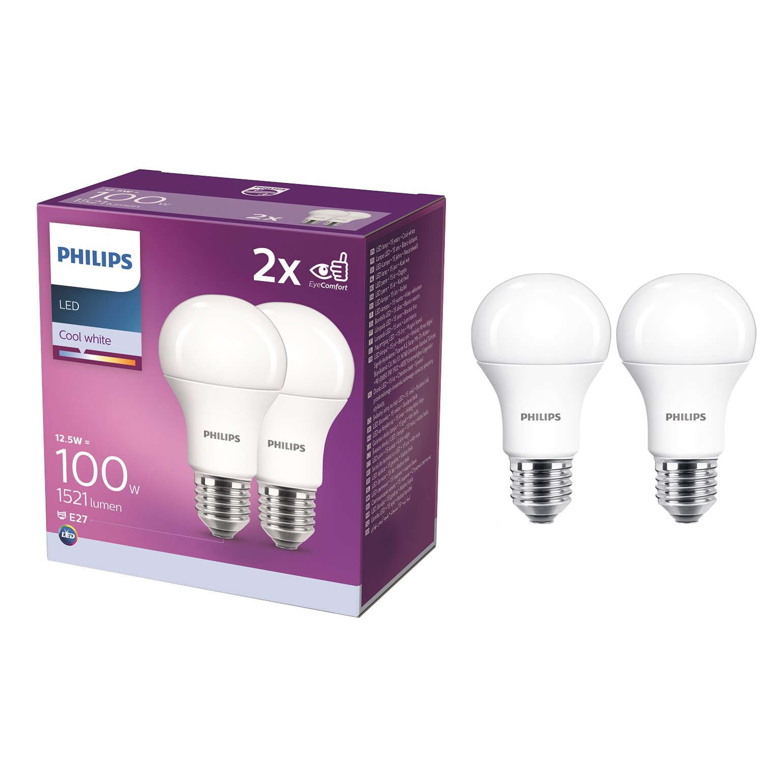 Fotografie Pachet 2 becuri LED Philips, E27, 12.5W (100W), 1521 lm, lumina neutra (4000K), clasa energetica E