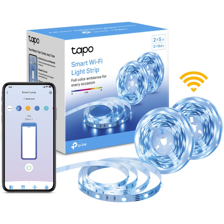 Fotografie Pachet 2 benzi LED RGB inteligente TP-LINK Tapo L900-10, Wi-Fi, control vocal, sincronizare muzica, 13.5W, 2100 mcd, lumina colorata, compatibil Google Assistant, Amazon Alexa și Apple Home, 2x5m