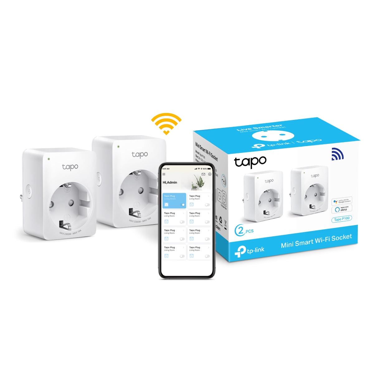 Fotografie Pachet 2 prize inteligente TP-Link Mini Tapo P100, Wi-Fi, control vocal, 10A, compatibil Android/iOS, Amazon Alexa si Google Assistant, 220-240V, Alb