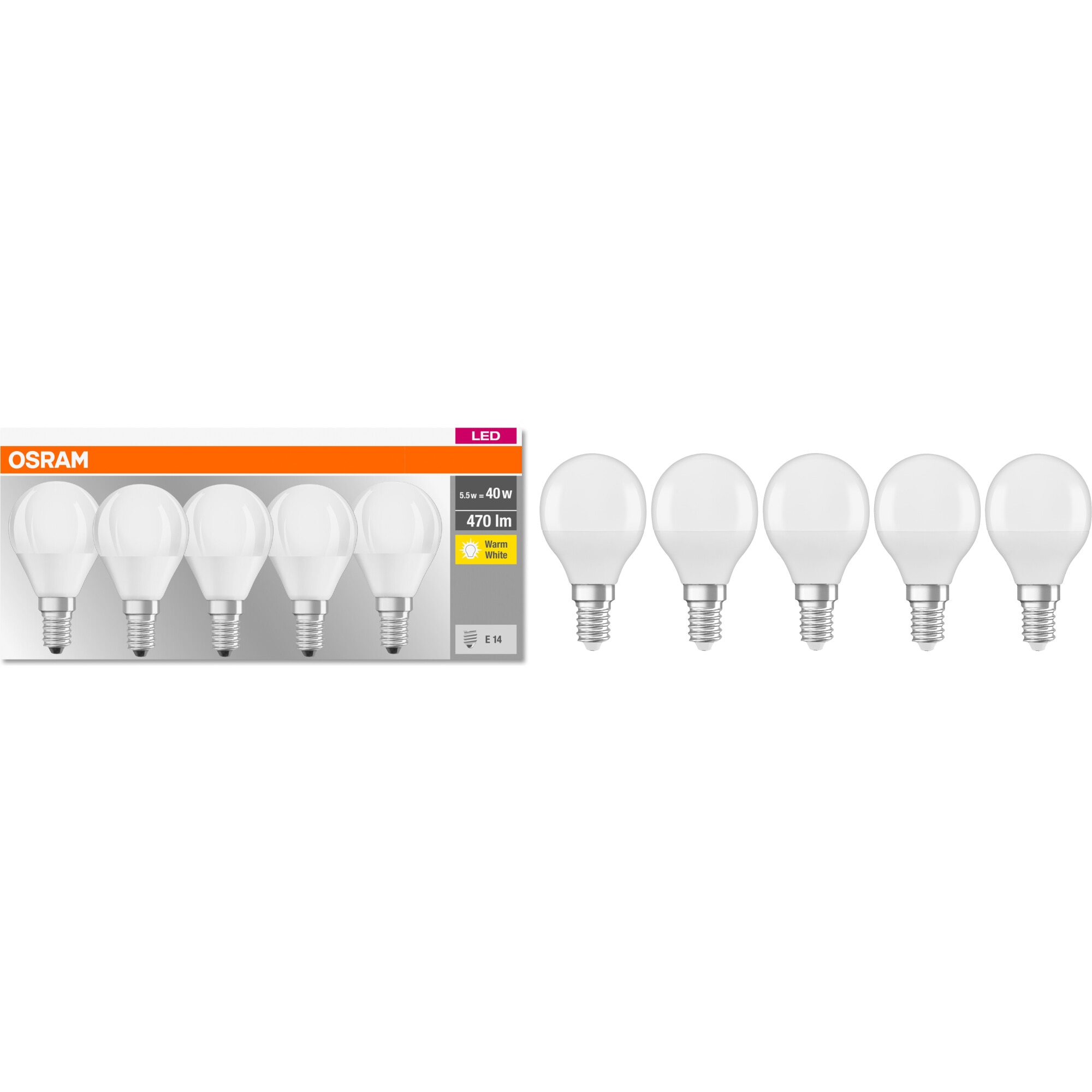 Fotografie Pachet 5 becuri LED Osram FR P40, E14, 5.5W (40W), 470 lm, mat, lumina calda (2700K), clasa energetica F